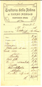 Documento originale, autentico 1928 MONTOGGIO GE Conto Trattoria della RIDINA di Eugenio MINAGLIA 1