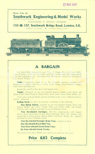 Documento originale, autentico 1907 LONDON Special offers SOUTHWARK ENGINEERING & MODEL WORKS Volantino 1