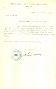 Documento originale, autentico 1943 CERANO NO Parroco Ernesto OCCHETTA garantisce per Pacifico AINA Autografo 1