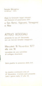 Materiale pubblicitario d’epoca 1977 MILANO Invito alla Personale di Attilio BOGGIALI Famiglia Meneghina 1