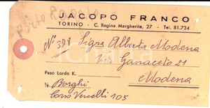 Materiale pubblicitario d’epoca 1940 ca TORINO SocietÃ  Jacopo FRANCO Etichetta per bagaglio 1