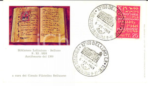 Materiale pubblicitario d’epoca 1969 BELLUNO Biblioteca LOLLINIANA Annullo PRIMO GIORNO X Giornata Francobollo 1