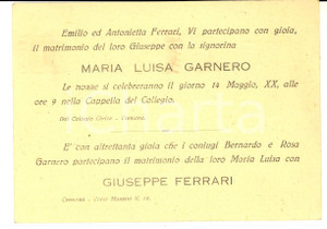Documento originale, autentico 1942 CREMONA Nozze Giuseppe FERRARI  Maria Luisa GARNERO Cartolina postale 1