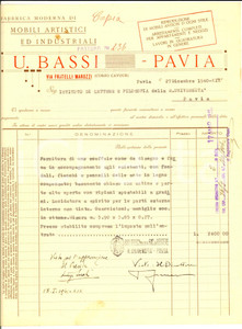 Documento originale, autentico 1940 PAVIA Fabbrica di mobili artistici ed industriali BASSI Fattura intestata 1