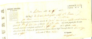Documento originale, autentico 1867 LENDINARA RIUNIONE ADRIATICA SICURTA  Ricevuta Teresa DE LAZZARA MALMIGNATI 1