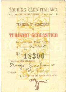 Materiale pubblicitario d’epoca 1948 MILANO TOURING CLUB Tessera iscrizione al turismo scolastico POLITECNICO 1