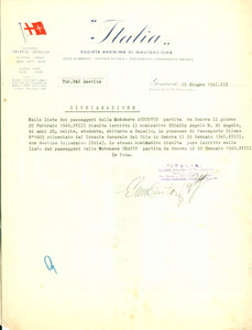 Documento originale, autentico 1941 GENOVA WW2 Angelo BESASSA di RAPALLO parte su motonave AUGUSTUS per il CILE 1