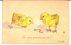 Cartolina originale da collezione 1920 ca FRANCE Invitation poussins  Tu viens prendre un ver  PEINTE A LA MAIN 1
