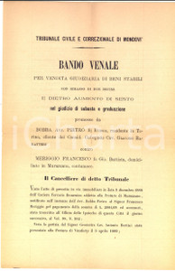 Documento originale, autentico 1889 MURAZZANO CN  Asta su cascine Francesco MERIGGIO regione BANALE CROVERA 1