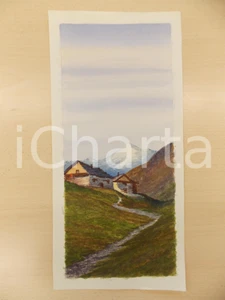 Stampa, bozzetto originale 1950 ca ARTE Paesaggio montano con baite e sentiero Acquerello 21 x 44 cm 1