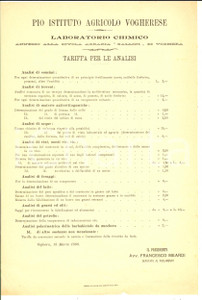 Documento originale, autentico 1899 VOGHERA PV Pio Istituto Agricolo  Tariffa analisi laboratorio chimico 1
