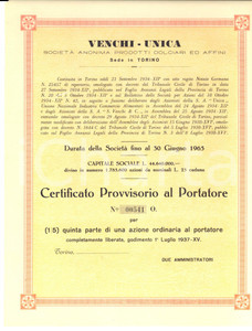 Oggetto da collezione cartaceo 1937 TORINO Ditta VENCHI  UNICA Prodotti dolciari Certificato al portatore 1