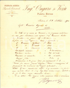 Documento originale, autentico 1900 PADOVA Premiata Agenzia Agricola ONGARO & VEZU  espone cannoni antigrandine 1