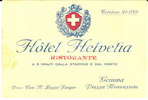 Materiale pubblicitario d’epoca 1950 ca GENOVA Piazza Annunziata HOTEL HELVETIA Cartoncino pubblicitario 1