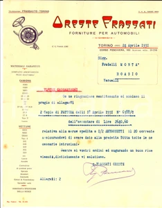 Documento originale, autentico 1931 TORINO Oreste FRASSATI forniture per automobili Lettera su carta intestata 1