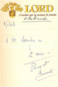 Materiale pubblicitario d’epoca 1965 ca PUBBLICITA  Lucido da scarpe LORD Ricevuta 9x13 cm 1