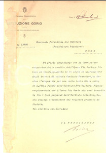 Manoscritto, lettera originale 1903 COMO Contributo dell OPERA PIA GORIO pro istruzione popolare Lettera 1