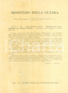 Documento originale, autentico 1921 MINISTERO DELLA GUERRA Riespatrio militari smobilitati residenti all estero 1