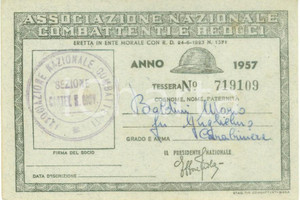 Oggetto da collezione cartaceo 1957 CASTEL SAN GIOVANNI Associazione Combattenti Reduci Tessera Mario BALDINI 1