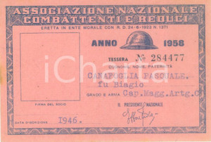 Oggetto da collezione cartaceo 1958 COLLESCIPOLI Associaz. Nazionale Combattenti Tessera Pasquale CANAFOGLIA 1