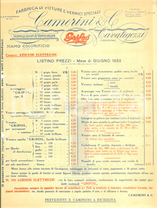 Documento originale, autentico 1933 CREMONA Ditta CAMERINI  CAVATIGOZZI Pitture e vernici speciali Listino 1