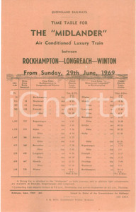 Materiale pubblicitario d’epoca 1969 AUSTRALIA QUEENSLAND RAILWAYS Tabella marcia treno THE MIDLANDER Volantino 1