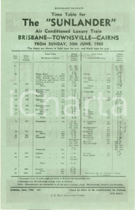 Materiale pubblicitario d’epoca 1969 AUSTRALIA QUEENSLAND RAILWAYS Tabella marcia treno THE SUNLANDER Volantino 1