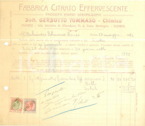 Documento originale, autentico 1926 CUNEO Chimico Tommaso GERBOTTO Fabbrica Citrato Effervescente Fattura 3 1