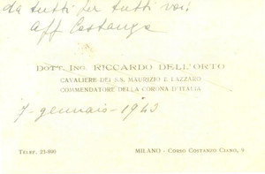 Autografo originale 1943 MILANO Riccardo DELL ORTO Cavaliere SS Maurizio Lazzaro Biglietto AUTOGRAFO 1