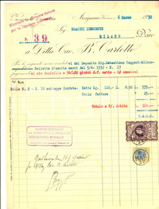 Documento originale, autentico 1932 ARZIGNANO VI Ditta Cav. B. CARLOTTO  Fattura per schiappe CORDOBA 1