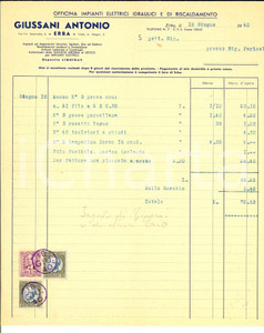Documento originale, autentico 1940 ERBA CO Officina Antonio GIUSSANI impianti idraulici Fattura intestata 1