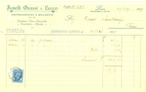 Documento originale, autentico 1939 LECCO Fratelli GRASSI Impressioni rilievo TipoLitografia Cartoleria Fattura 1
