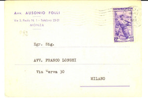 Cartolina originale da collezione 1953 MONZA Avv. Ausonio FOLLI  Cartolina intestata a Franco LONGHI FG VG 1