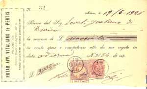 Documento originale, autentico 1926 MILANO Avv. notaio Vitaliano DE PERTIS  Ricevuta per atto rogato 1