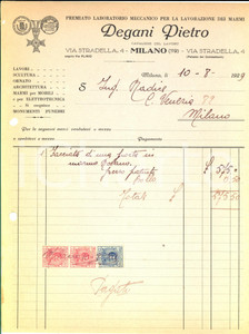 Documento originale, autentico 1929 MILANO Via Stradella 4 Laboratorio Pietro DEGANI lavorazione marmi Fattura 1