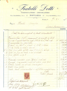 Materiale pubblicitario d’epoca 1935 NOVARA Ditta Fratelli DOTTI Verniciatori  Decoratori Fattura manoscritta 1