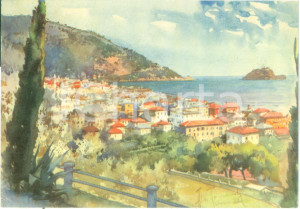 Cartolina originale da collezione 1960 ALASSIO SV Panorama con GALLINARIA Illustratore RAIMONDI Cartolina FG VG 1