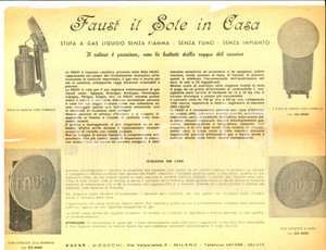 Materiale pubblicitario d’epoca 1950 ca MILANO Ditta FAUST di COCCHI Il sole in casa  Stufa a gas liquido 1