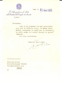 Autografo originale 1955 ROMA Roberto LUCIFREDI promette moduli per traslazione Caduti Autografo 1