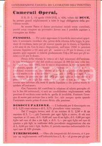 Materiale pubblicitario d’epoca 1939 MILANO Confederazione Fascista Lavoratori Industria  Volantino pensioni 1