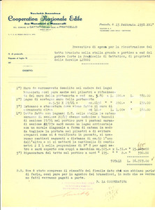 Documento originale, autentico 1938 PRATICELLO GATTATICO Cooperativa Nazionale EDILE Preventivo tetto bruciato 1