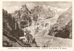 Cartolina originale da collezione 1959 COURMAYEUR Santuario NOTRE DAME DE LA GUERISON e Ghiacciaio BRENVA FG VG 1
