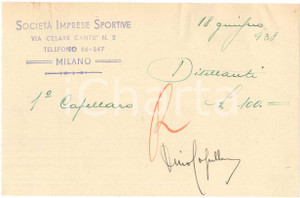 Autografo originale 1938 CICLISMO MILANO Ricevuta Dino CAPELLARO per ingaggio VIGORELLI  AUTOGRAFO 1