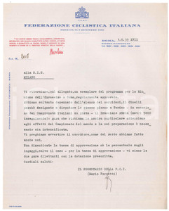Manoscritto, lettera originale 1939 CICLISMO ROMA CONI Lettera Mario FERRETTI su esclusione Cino CINELLI 1