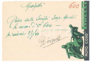Autografo originale 1940 CICLISMO Autografo Franco GIORGETTI su ricevuta PIRELLI moto cord 1
