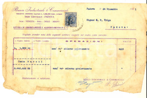Manoscritto, lettera originale 1921 PADOVA BANCO INDUSTRIALE E COMMERCIALE  Nota operazioni su conto 1