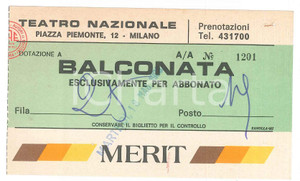 Oggetto da collezione cartaceo 1983 MILANO Teatro Nazionale  Biglietto balconata per abbonato  Sponsor MERIT 1