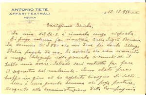 Manoscritto, lettera originale 1933 L AQUILA Lettera Antonio TETE  per saldo albergo non pagato da Nella BONORA 1