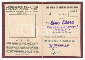 Oggetto da collezione cartaceo 1946 TORINO Cine Edera  Tessera APECT Associazione piemontese esercenti Tessera 1