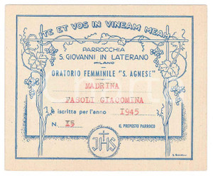 Oggetto da collezione cartaceo 1945 MILANO San Giovanni in Laterano  Oratorio femminile Sant Agnese 10x8 cm 1
